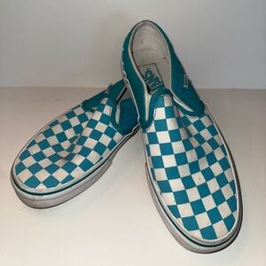 Vans Teal and White Checkered Slip-On Sneakers
